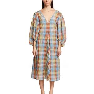 Ganni Seersucker Plaid V-Neck Midi Dress
